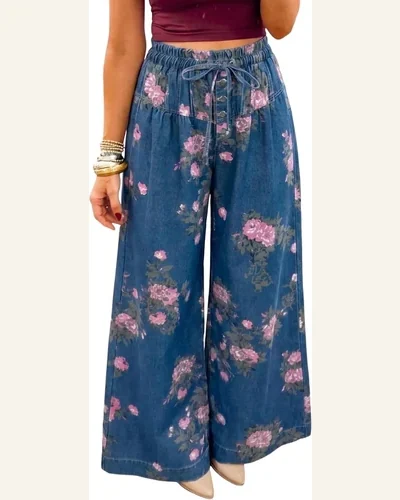 High Waisted Jeans Blue Retro Floral Tie Elastic, view 1