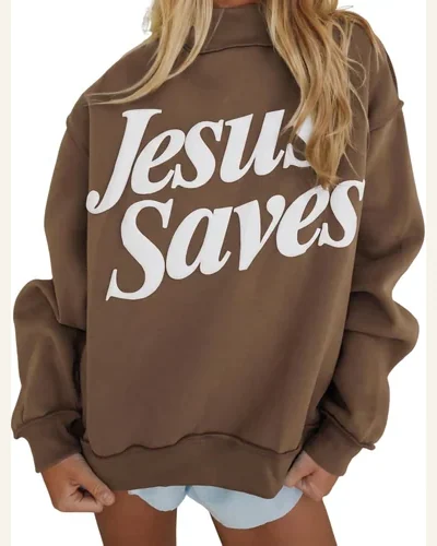 Jesus Saves Sweatshirt Stand Neck Baggy Pullover, view 1