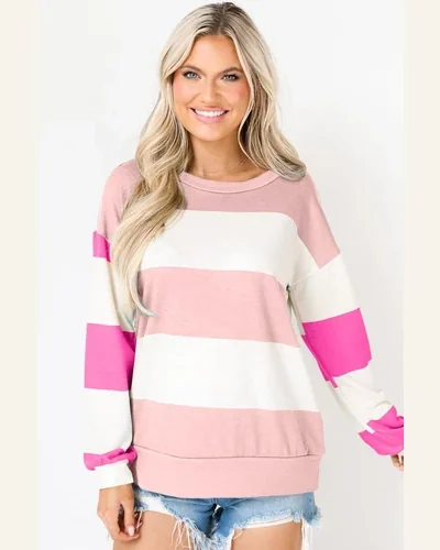 Tunic Tops Casual Light Pink Colorblock Striped Drop, view 3
