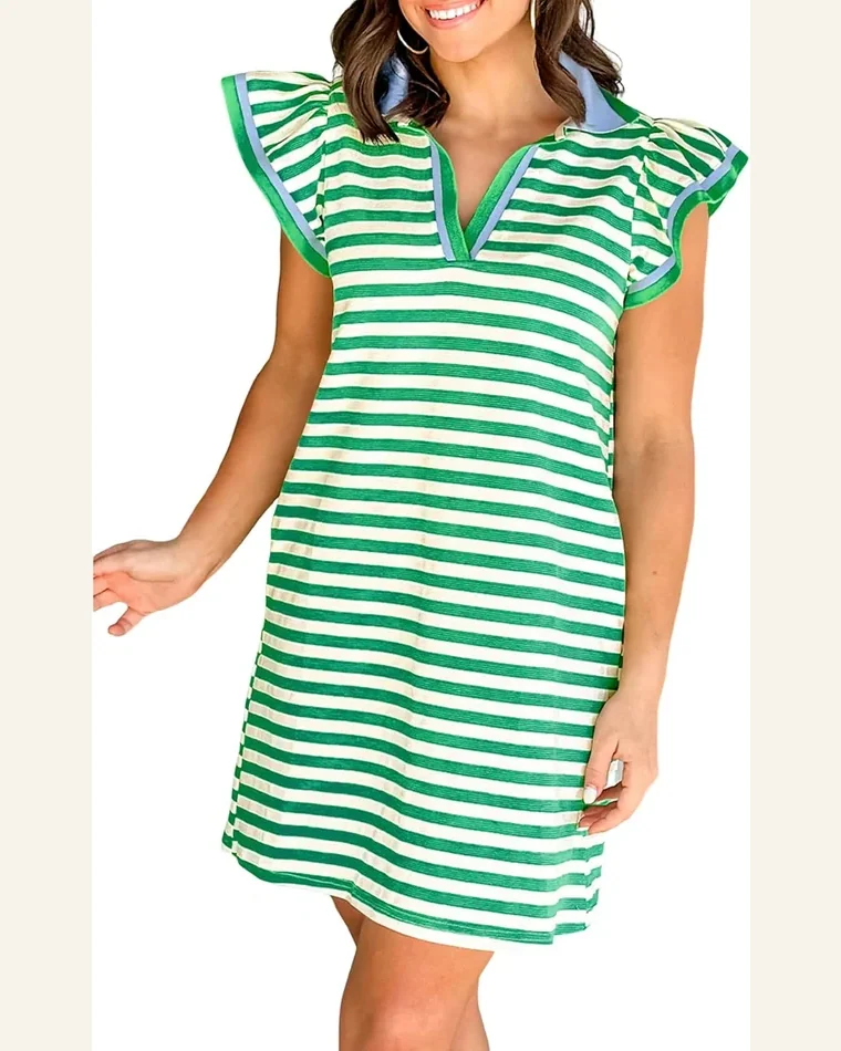 Summer Mini Dresses Striped V Neck Flutter Sleeve by SELINK