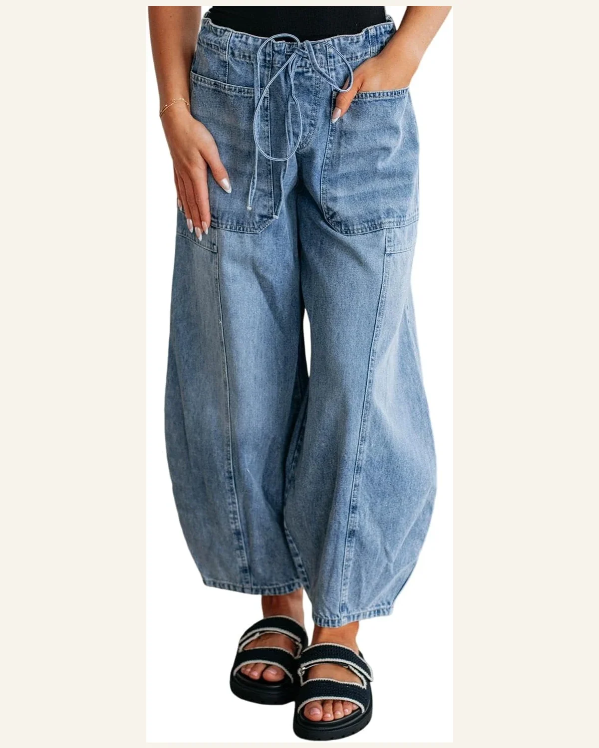 Casual High Waisted Jeans Pocket Drawstring Paperbag Waist by SELINK