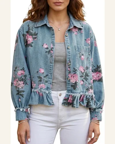 Floral Print Raw Seam Ruffle Hem Denim Jacket, view 1