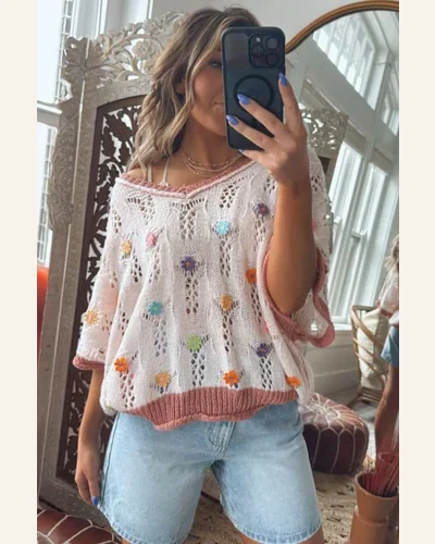 Casual Delicacy Embroidered Flowers Pullover Sweater Tops Colorblock, view 2