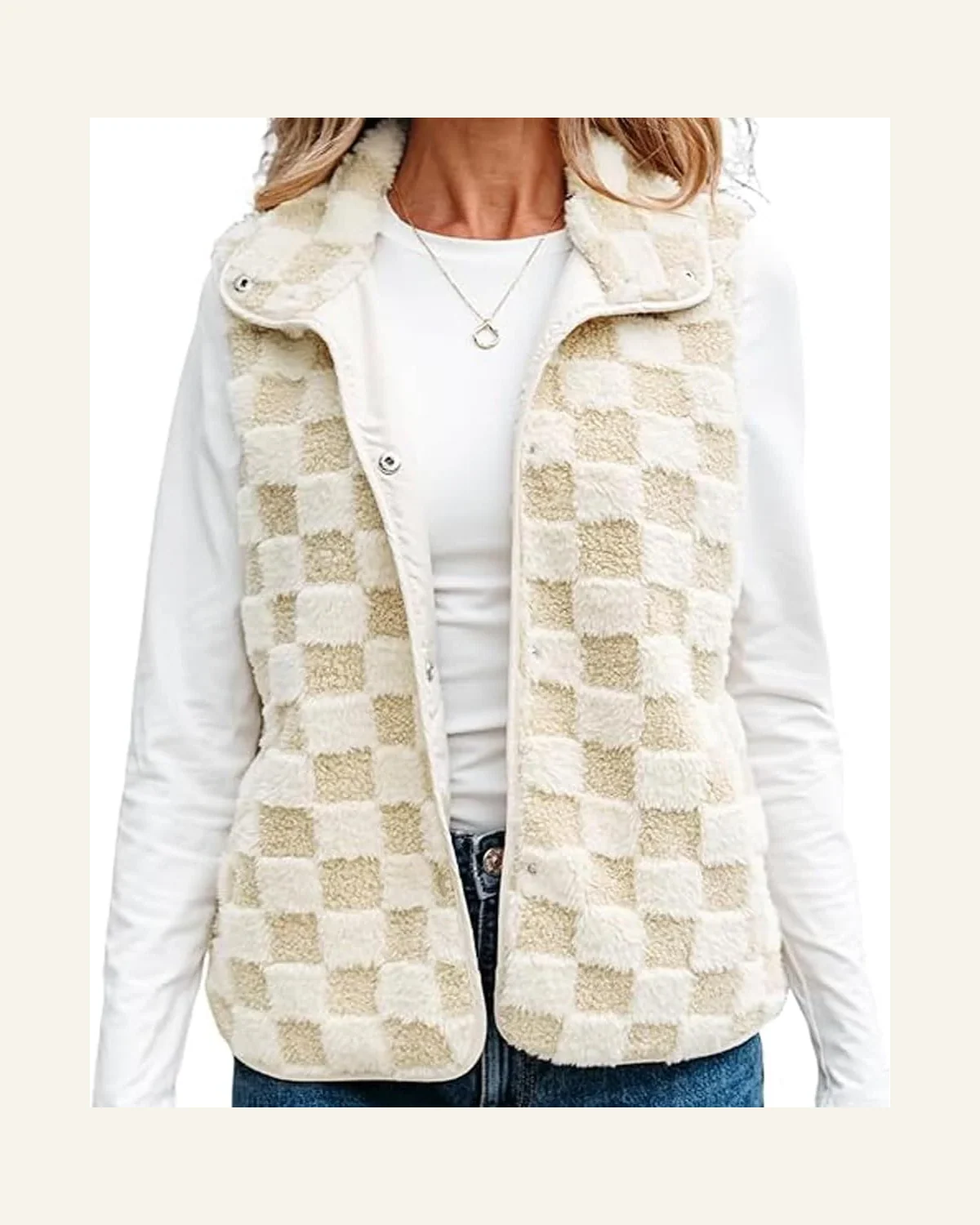 Casual Khaki Checkerboard Jacket Snap Button Vest Jacket by SELINK