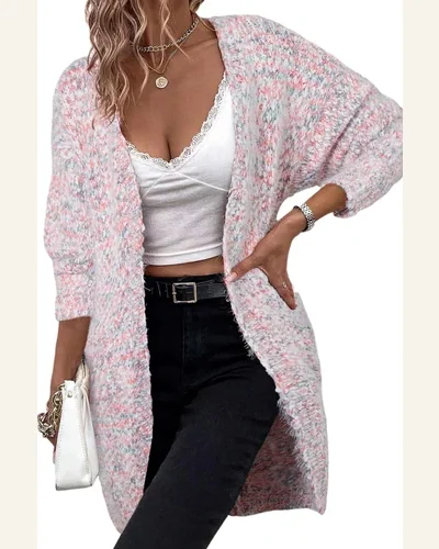 Cardigan Sweater Casual Pink Multicolor Confetti Open Front, view 1