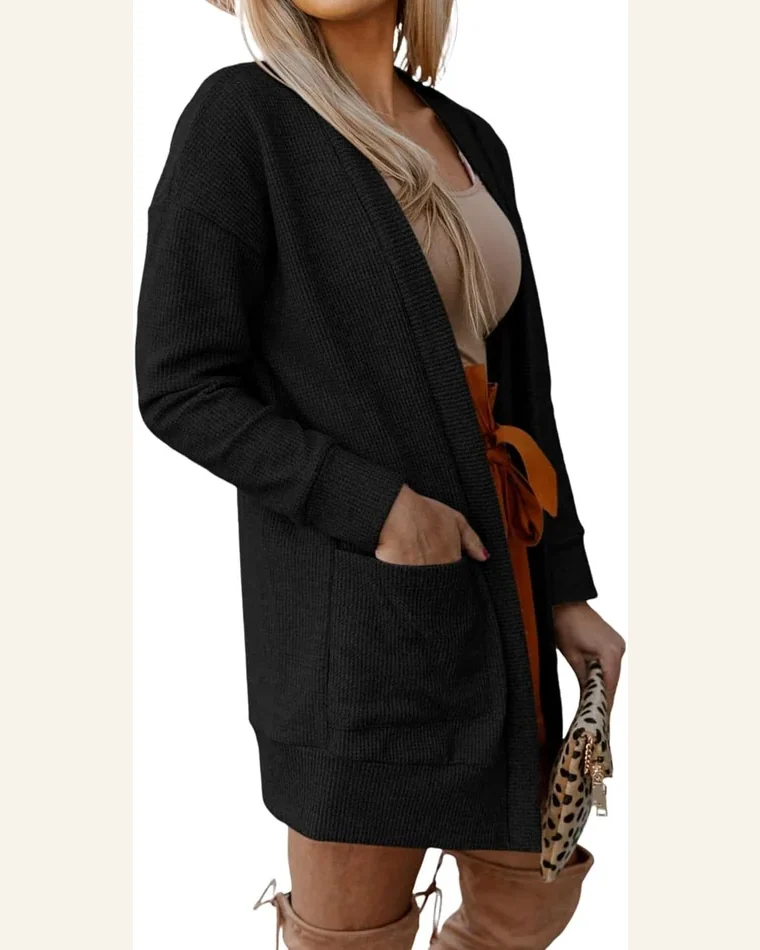 Cardigan Sweater Casual Black Thermal Waffle Knit Pocketed by SELINK