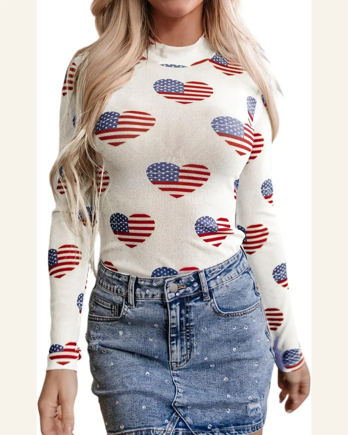 Bodysuit Casual White Americana Glitter Mesh Long Sleeve by SELINK