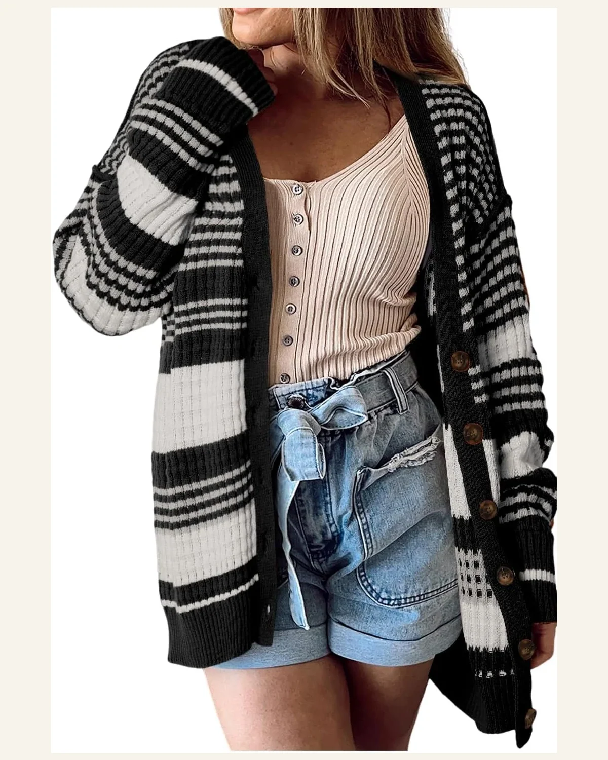 Cardigan Sweater Casual Black Colorblock Textured Knit Buttoned by SELINK
