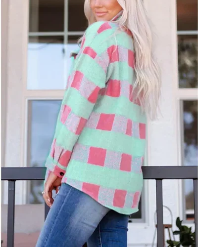 Casual Plaid Shacket Button Down Long Sleeve Shirts, view 3