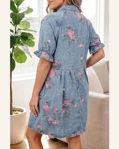 Casual Loose Floral Print Denim Dress Ruffle Short, view 2