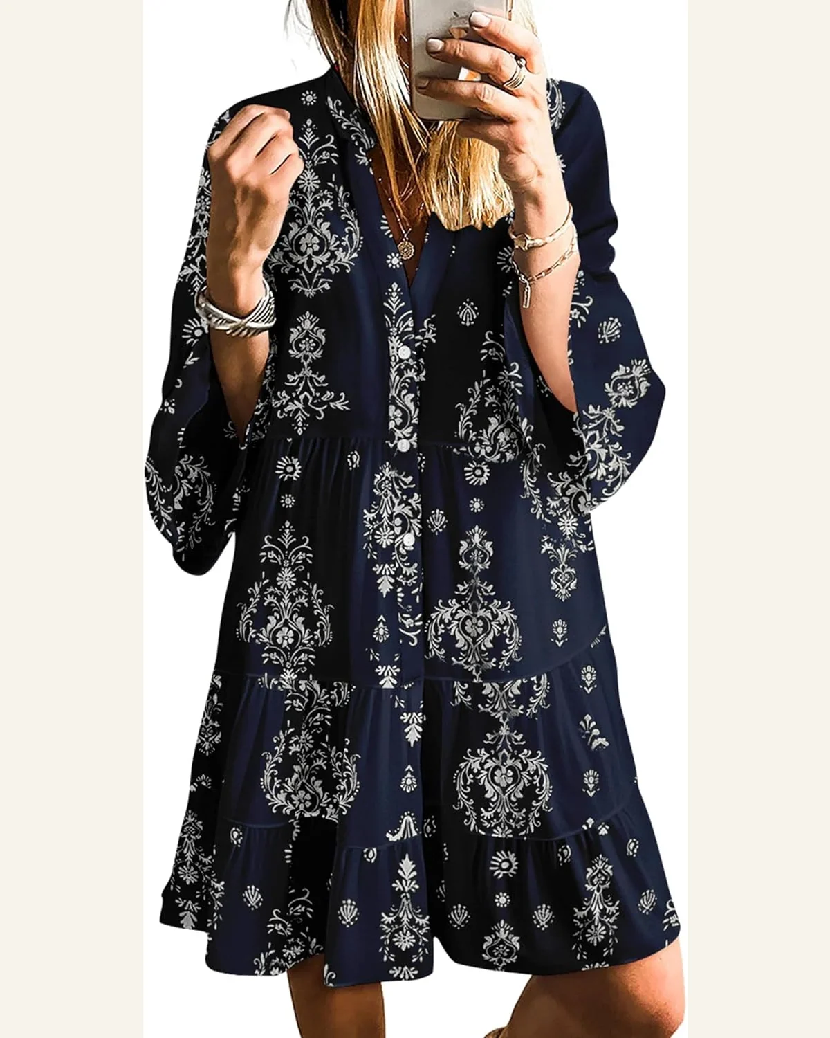 Long Sleeve Dresses Casual V Neck Tribal Mini by SELINK