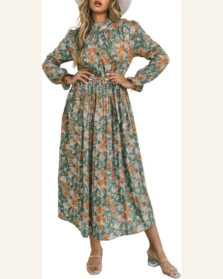 Fall Dresses Elegant Green Pleated Long Sleeve Maxi by SELINK