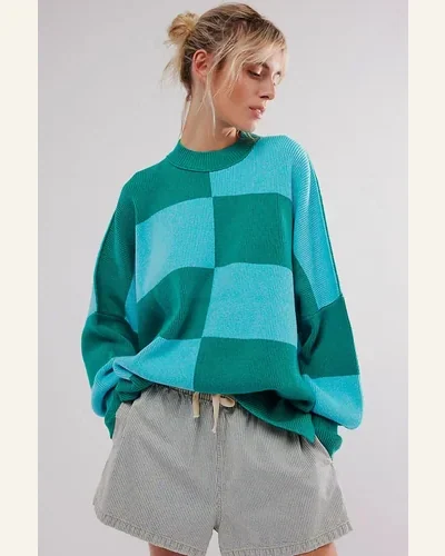 Casual Green Checkered Side Slits Drop Shoulder Oversized Sweater, view 3