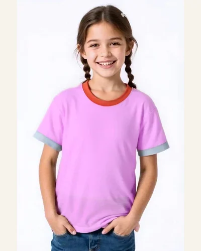 Kids Short Sleeve T Shirts Contrast Ribbed Crew, view 2