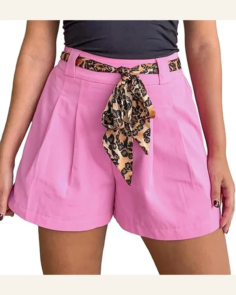 Casual Bright Pink Leopard Contrast Sash Belt Shorts by SELINK