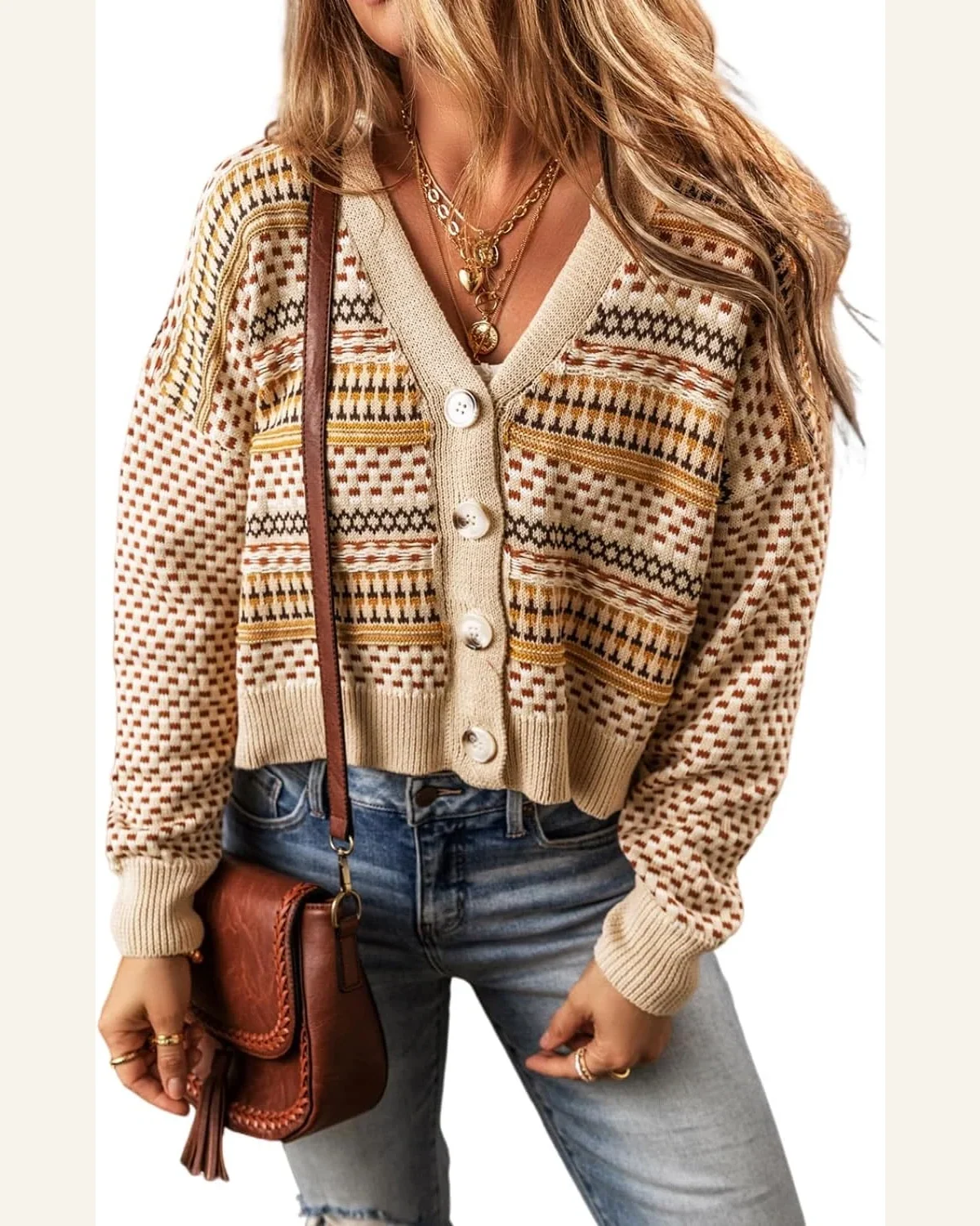 Cardigan Sweater Casual Khaki Buttoned V Neck Cropped by SELINK