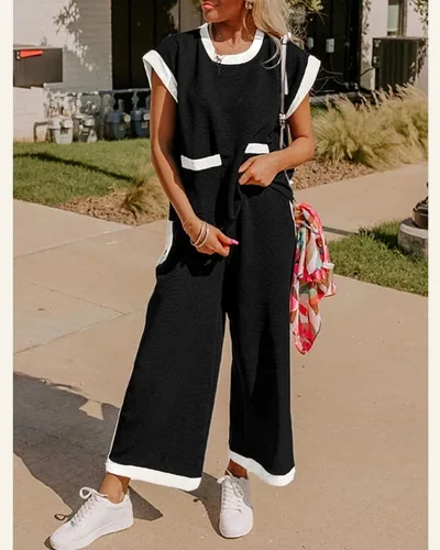 Two Piece Lounge Set Colorblock Short Sleeve Pullover, view 2