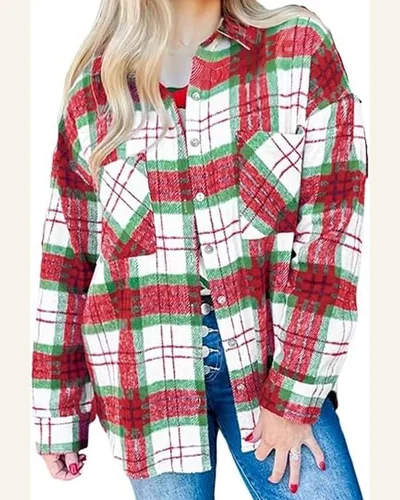 Christmas Flannel Shirt Red Plaid Button Down Shacket, view 1