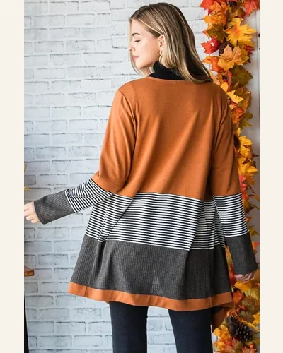 Cardigan Sweater Casual Orange Colorblock Striped Patchwork Open, view 2