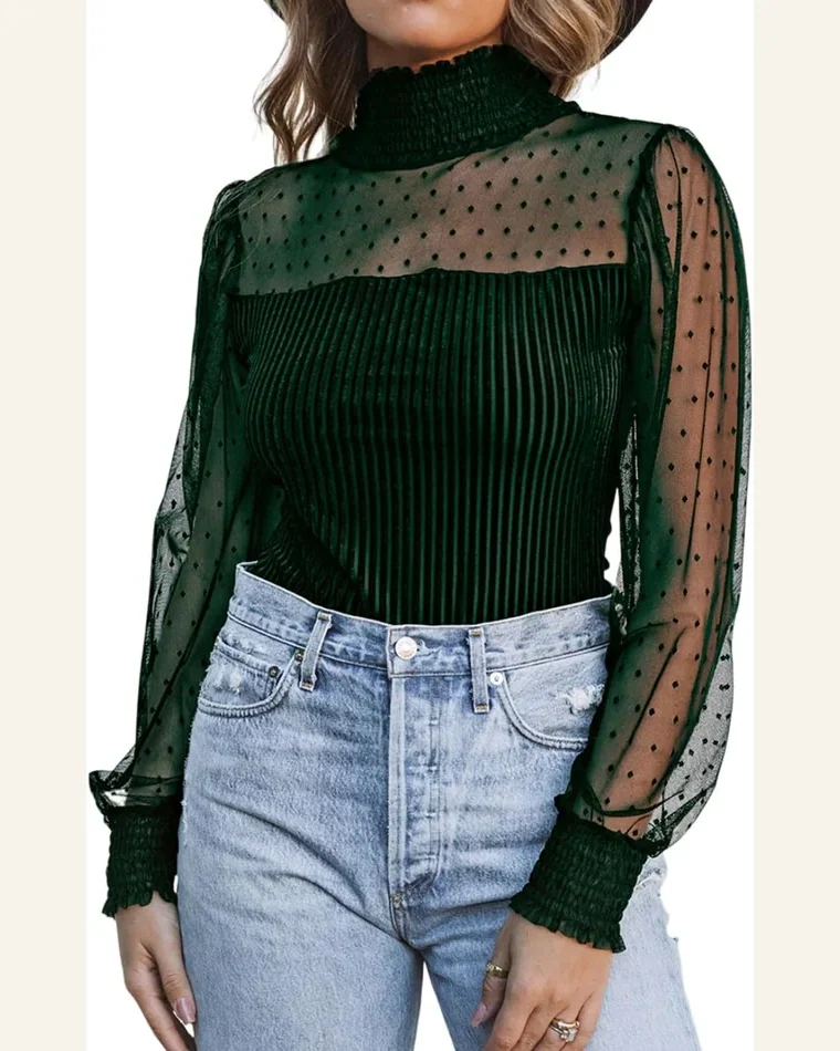 Bodysuit Vintage Green Sheer Dotty Long Sleeve Ribbed by SELINK