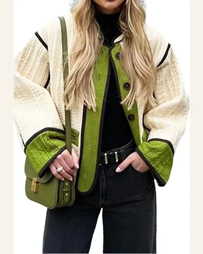 Shacket Jacket Casual Fern Green Quilted Colorblock Button, view 1