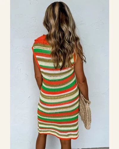 Casual Eyelet Sleeveless Sweater Dresses Yellow Stripe Buttoned, view 2