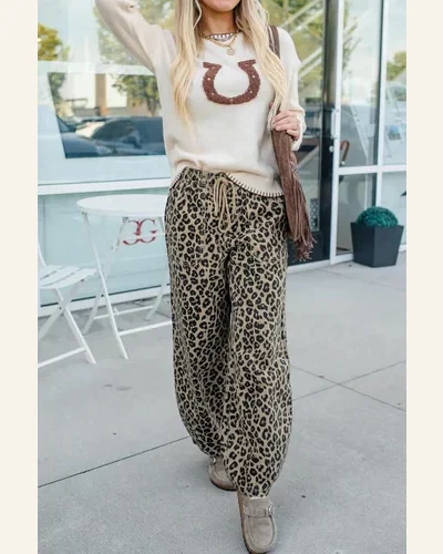 Casual Khaki Leopard Print Drawstring Loose Denim Pants, view 3