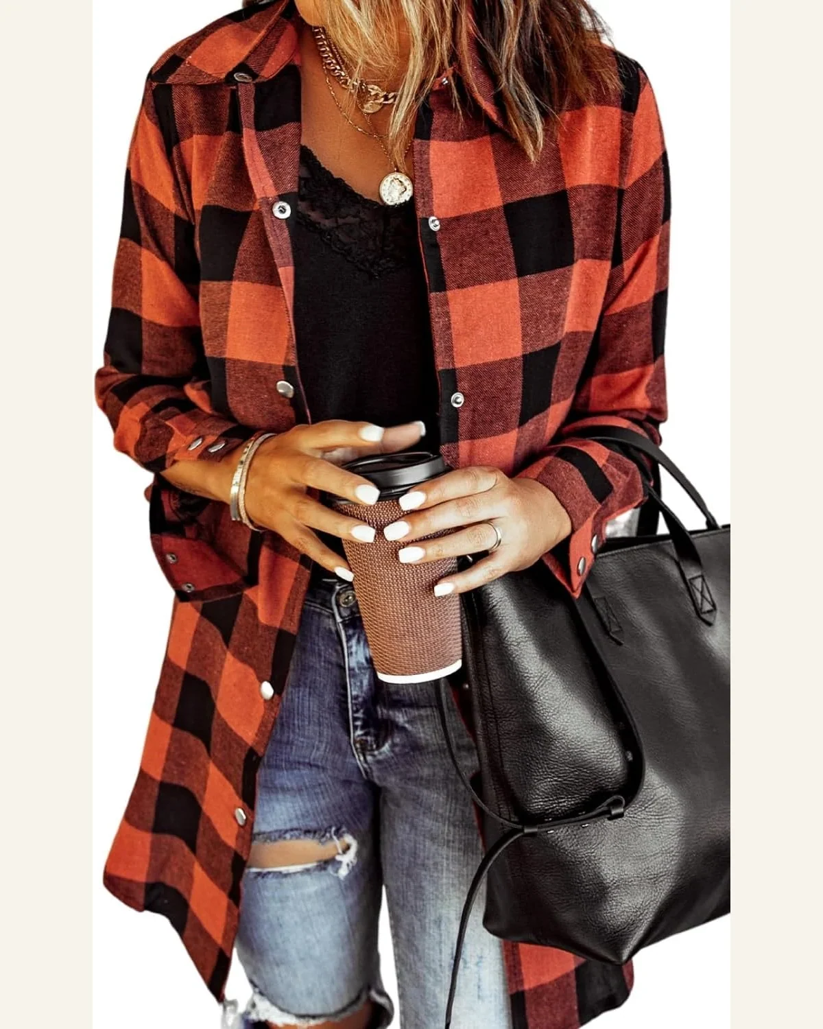 Shacket Jacket Casual Fiery Red Turn-down Collar Plaid by SELINK
