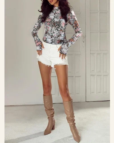 Long Sleeve Mesh Tops Sheer Blouses Mock Neck, view 3