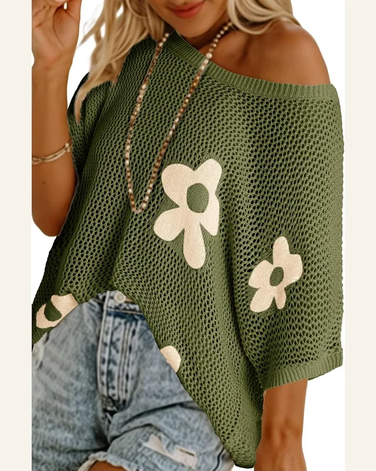 Flower Crochet Tops Short Sleeve Hollow Out Sweaters by SELINK
