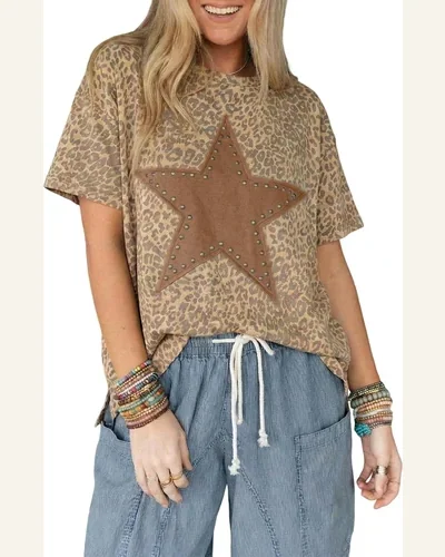Retro Leopard Print T-Shirt Studded Star Loose Tee, view 1