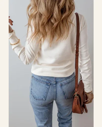 Tunic Tops Casual White Solid Color Waffle Half, view 2