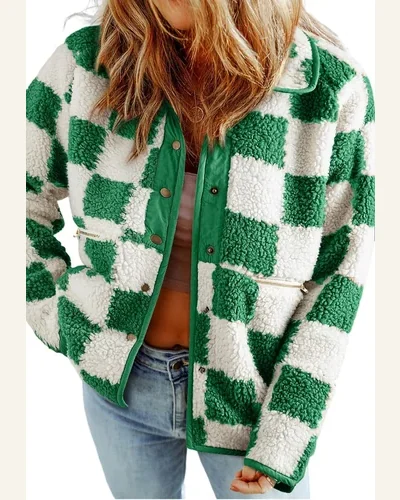 Shacket Jacket Casual Lapis Checked Snap Button Sherpa, view 1