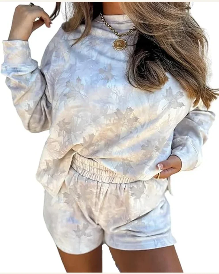2 Piece Outfits Casual Beige Camo Pullover Top by SELINK