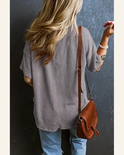 Short Sleeve Ribbed T Shirts Casual V Neck, view 2