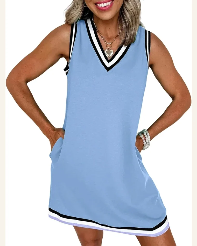 Sleeveless Mini Dresses Colorblock V Neck Sundress Casual by SELINK