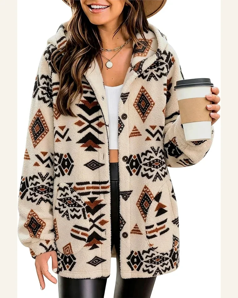 Aztec Fleece Hoodie Jacket Button Down Sherpa Coats by SELINK