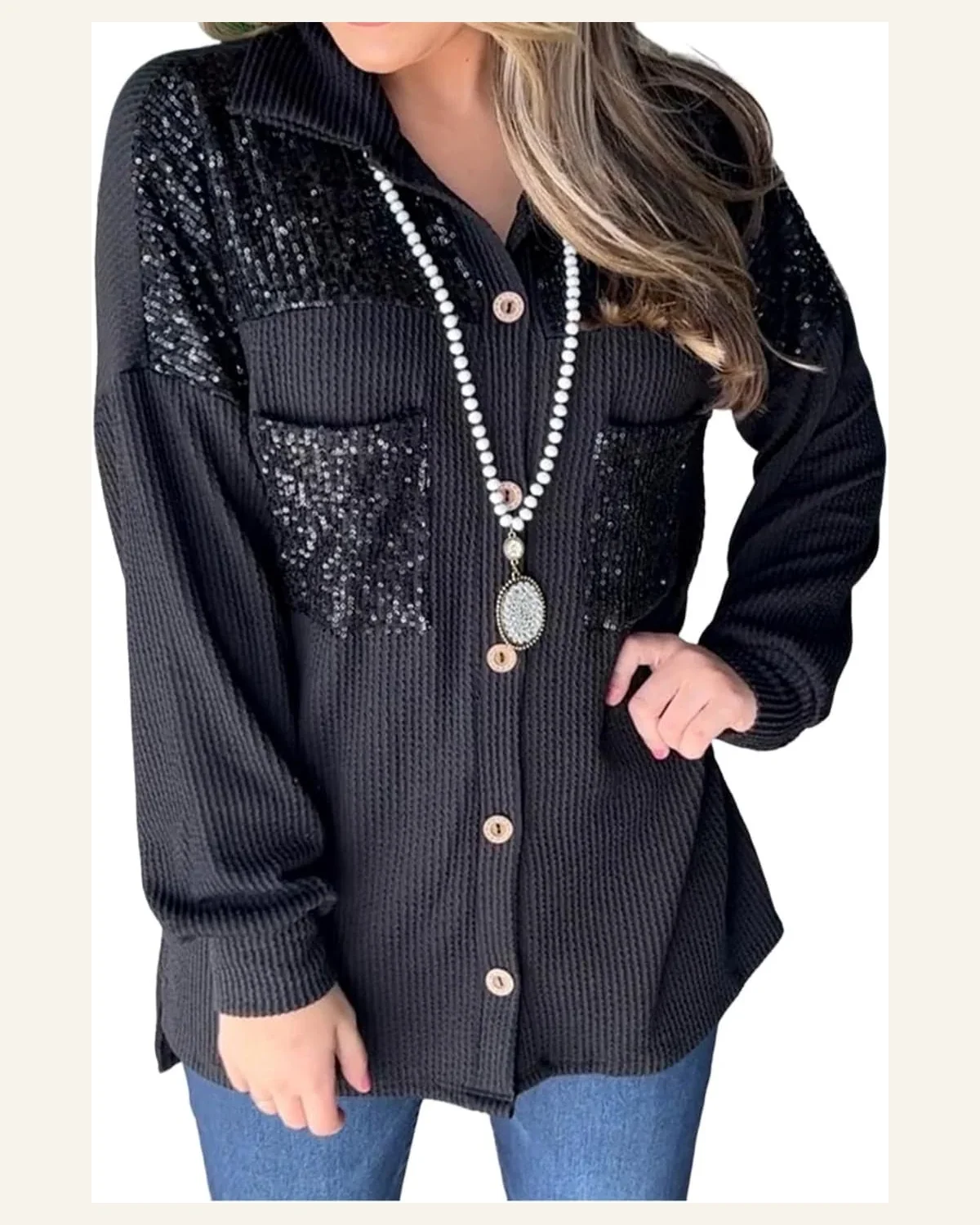 Shacket Jacket Casual Black Sequin Patch Chest Pocket by SELINK