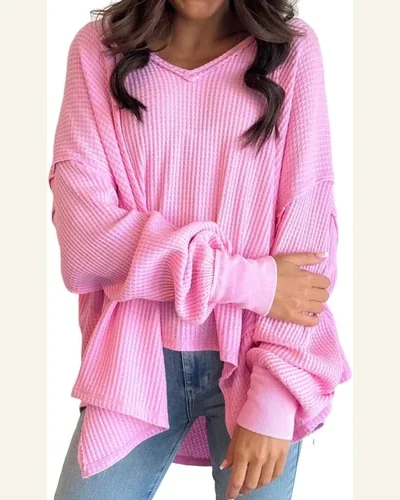 Tunic Tops Casual Bonbon Waffle Knit Exposed Seam, view 1