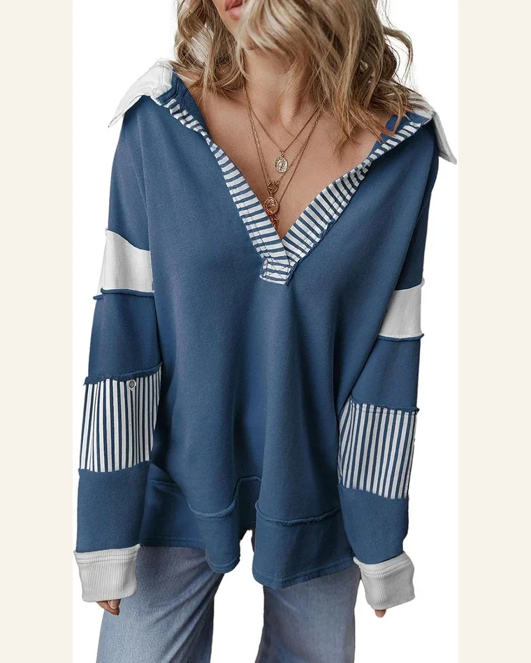 Striped Colorblock Patchwork Sweatshirt Long Sleeve V Neck by SELINK