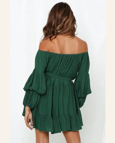 Fall Dresses Casual Green Off-Shoulder Tiered Bubble Sleeve, view 2