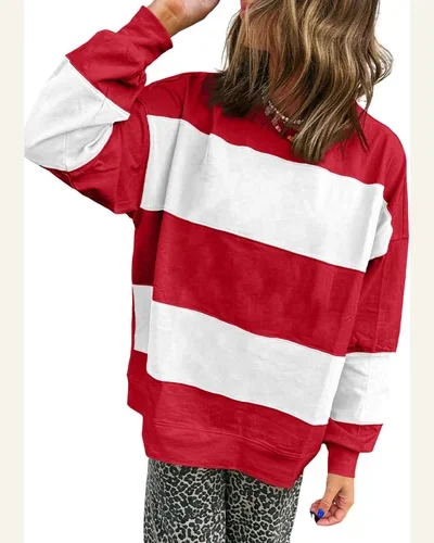 Oversized Sweatshirt Crewneck Striped Colorblock Shirts Long Sleeve, view 4