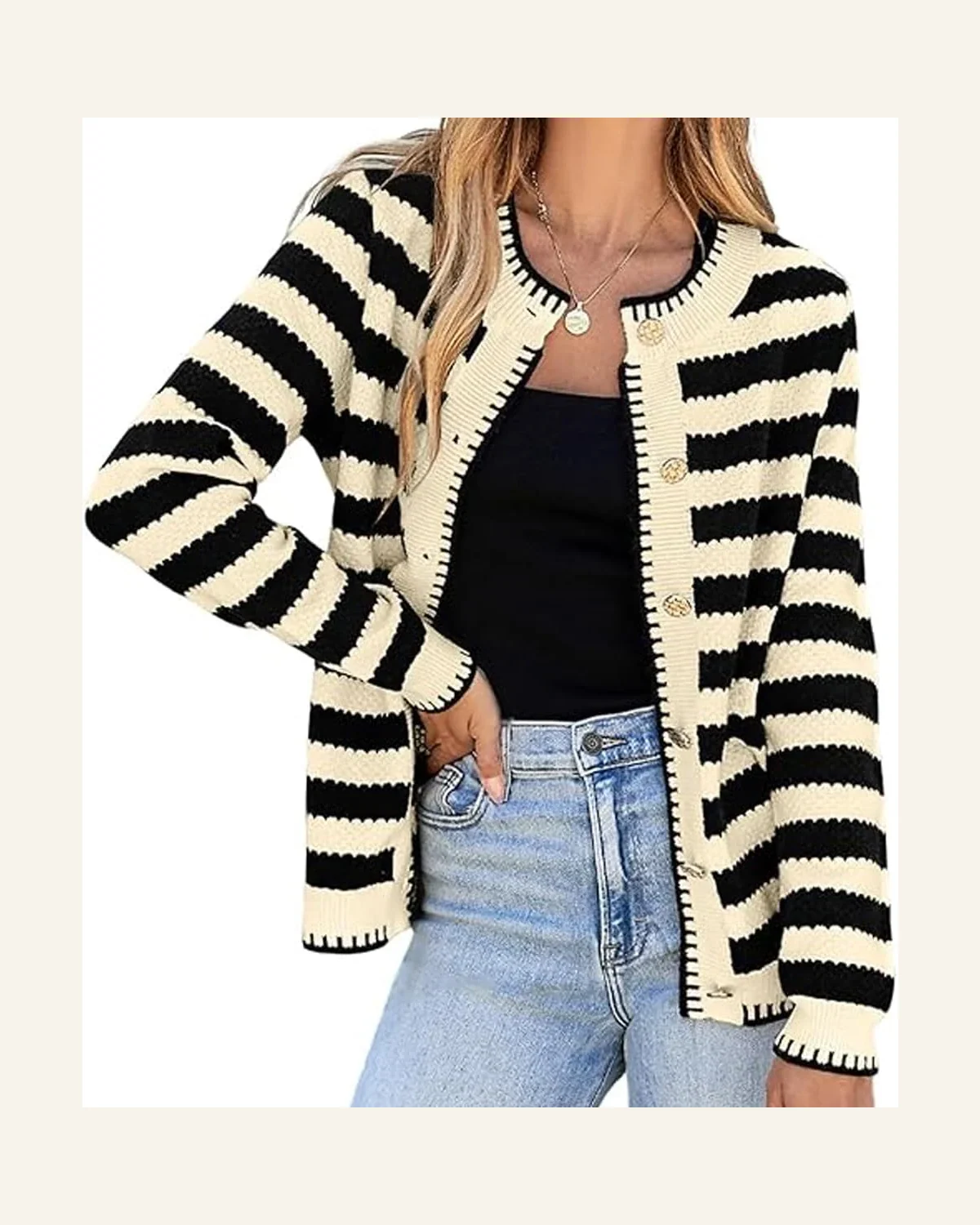 Casual Apricot Stripe Cardigan Sweater Golden Button Cardigan by SELINK