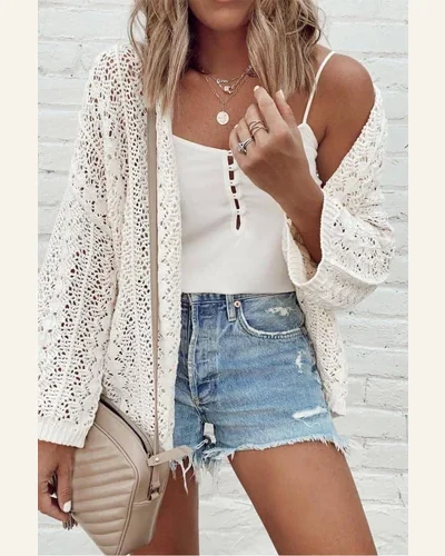 Cardigan Sweater Casual White Hollow Out Knit Drop, view 3