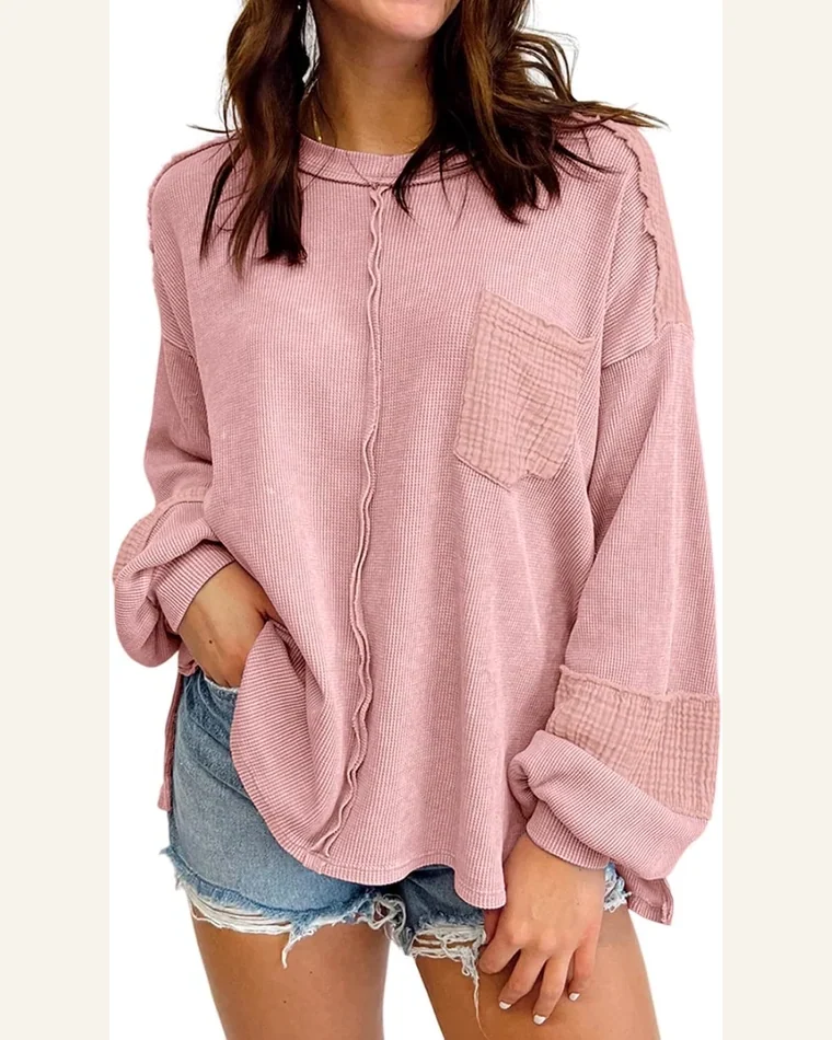 Tunic Tops Casual Pink Exposed Seam Patchwork Bubble by SELINK