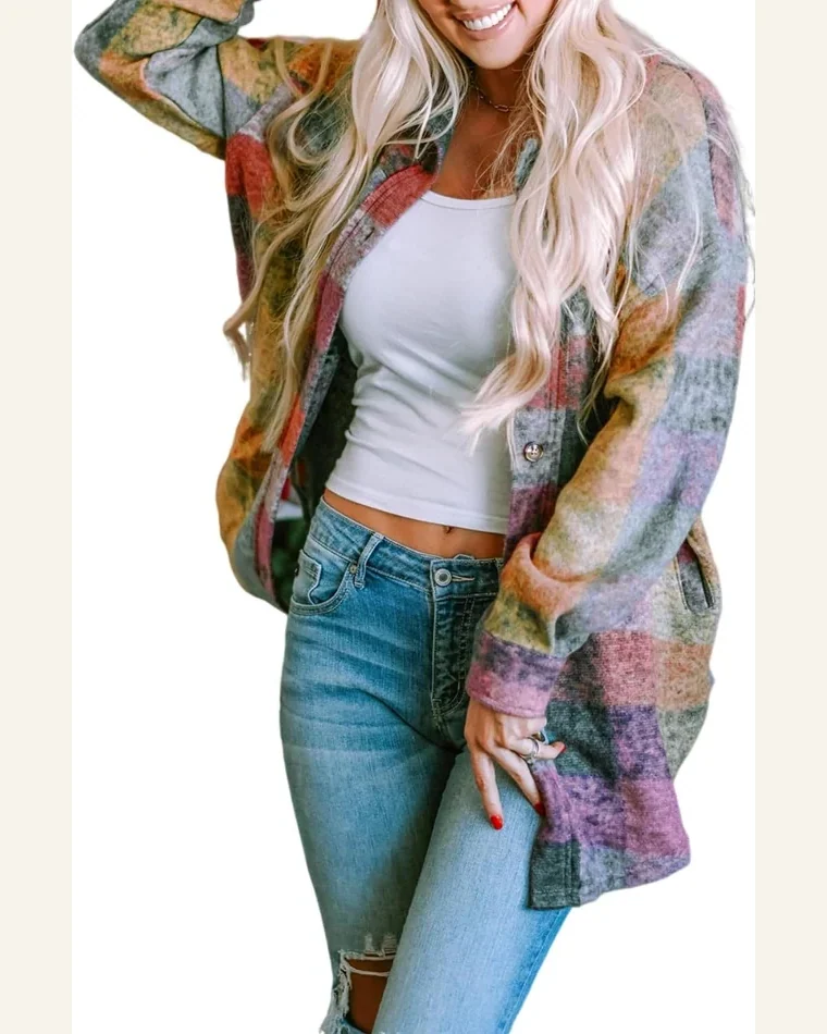 Shacket Jacket Casual Multicolor Brushed Plaid Pocketed Oversize by SELINK