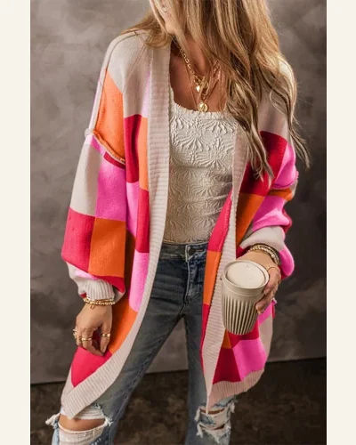 Open Front Checkered Drop Shoulder Cardigan Sweater, view 3