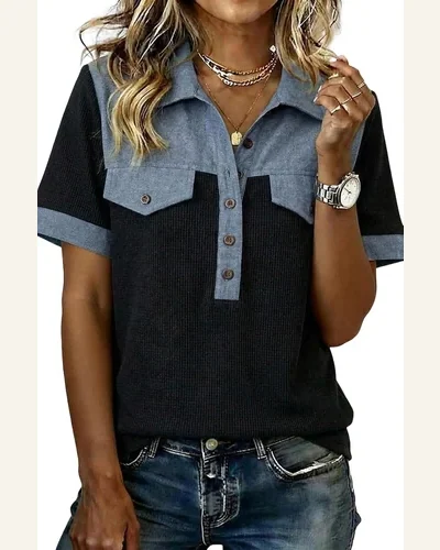 Waffle Knit Denim Patchwork Button Down Polo Top, view 1