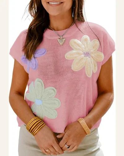 Summer Crew Neck Sleeveless Flower Sweater Casual Crochet, view 1