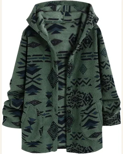 Fuzzy Fleece Jacket Aztec Long Sleeve Button, view 1